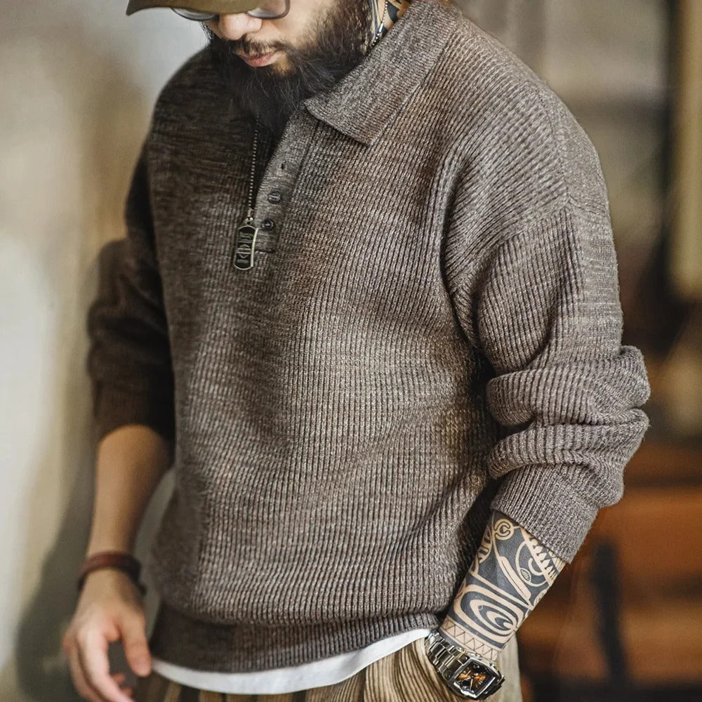 Oakern Retro Knit Polo Sweater – Soft & Breathable Long-Sleeve